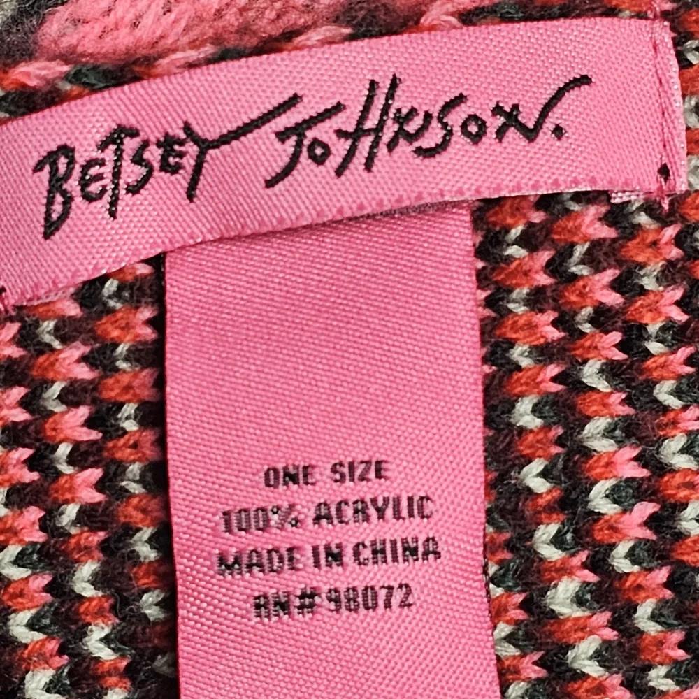 Betsey Johnson Sweater Knit Scarf Pink Rose Floral Black Fringe 72